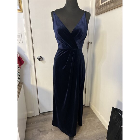 B2 Jasmine Velvet Dark Blue long Dress Womens 4 Side Slit Babydoll Prom - Picture 2 of 13